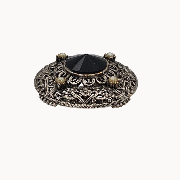 VTG Brooch Tacoa Signed Cabochon Black Rhinestone SilverTone Filigree Whimsygoth - Picture 2 of 12